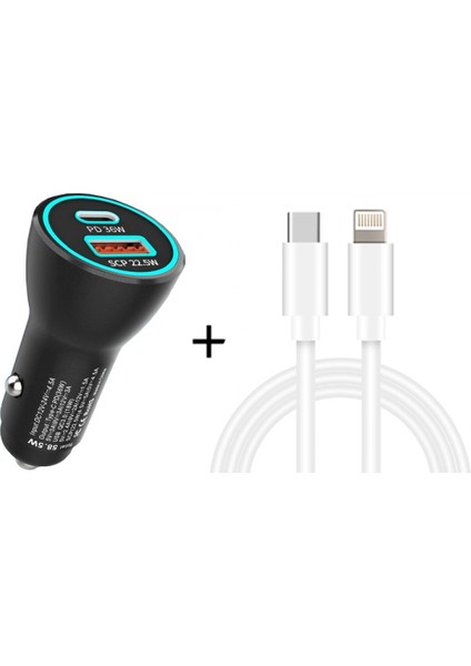USB Araç Şarj Cihazı，pd + Qc3.0 8 Pinli Veri Kablosu ile Çift Bağlantı Noktalı Hızlı Şarj Araç Şarj Cihazı (Yurt Dışından)