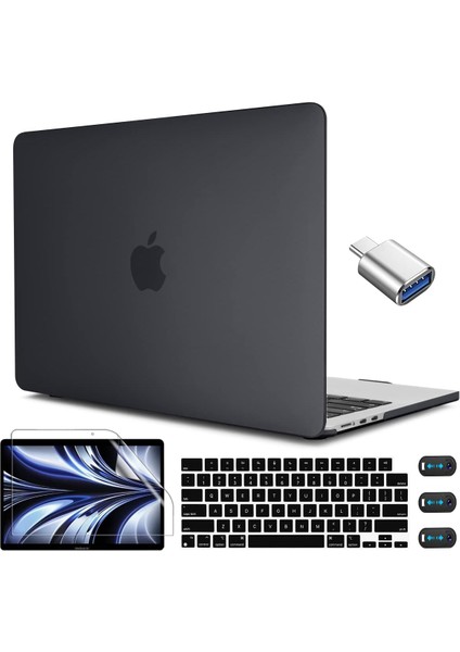 MacBook Air 13,6 Inç Kılıf M2 2022 2023 Sürümü ile Uyumlu, USB C - USB Adaptörlü Siyah Sert Kabuk Kılıf + MacBook Air M2 A2681 Için Klavye Kapağı 13,6 Inç, Touch Id - Mat Siyah (Yurt Dışından)