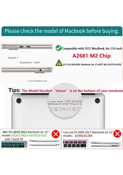 MacBook Air 13,6 Inç Kılıf M2 2022 2023 Sürümü ile Uyumlu, USB C - USB Adaptörlü Siyah Sert Kabuk Kılıf + MacBook Air M2 A2681 Için Klavye Kapağı 13,6 Inç, Touch Id - Mat Siyah (Yurt Dışından)