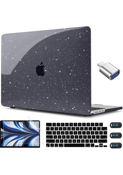 MacBook Air 13.6 Inç 2022 2023 Sürüm Modeli A2681 M2 Çip Için Siyah Parıltılı Kılıf, Klavye Kapaklı Parlak Siyah Sert Kabuk Kılıf Touch Id'li MacBook Air M2 Için USB C - USB Adaptö (Yurt Dışından)