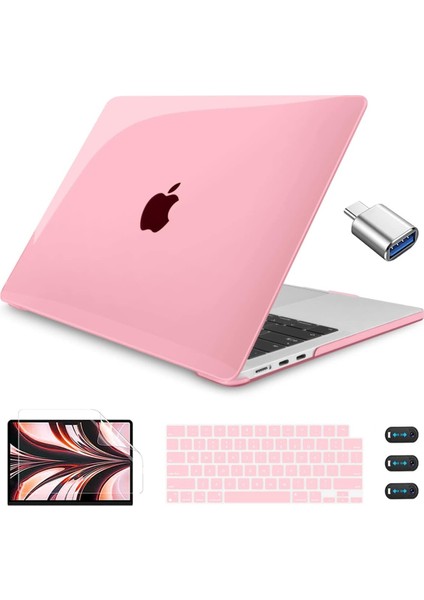 MacBook Air 13.6 Inç Kılıf Pembe 2022 2023 Sürümü A2681 M2 Çip ile Uyumlu, Touch Id, Plastik Şeffaf Pembe Kabuk ve Klavye Kapağı ve Air 13.6 M2 Için USB C - USB Adaptörü, Şeffaf Pe (Yurt Dışından)