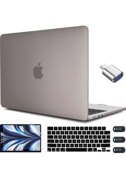 MacBook Air M2 2022 2023 ile Uyumlu 13,6 Inç Kılıf Gri Model A2681 M2, Touch Id'li, Buzlu Gri Sert Kılıf + Air 13.6 M2 2023 Için USB C - USB 3.0 Adaptörü, Buzlu Gri (Yurt Dışından)