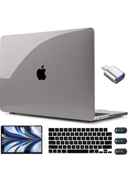 MacBook Air 13.6 Inç Kasa Gri 2022 2023 Sürüm A2681 M2 Çip ile Uyumlu, Touch Id'li, Kristal Gri Sert Kılıf ve Klavye Kapağı ve Air 13.6 M2 Için USB C - USB Adaptörü, Gri (Yurt Dışından)