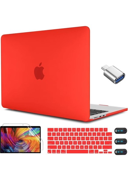 MacBook Air 13,6 Inç Kılıf Kırmızı ile Uyumlu, USB C - USB 3.0 Adaptörü ve MacBook Air 13,6 M2 Chip 2022 2023 Sürümü Için Klavye Kapağı ile Plastik Sert Kılıf, Mat Kırmızı (Yurt Dışından)