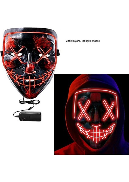 Kumandalı Kırmızı Renk Neon LED Işıklı Maske 1 Adet Hawaretrohallow
