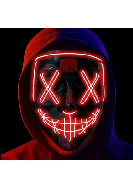 Kumandalı Kırmızı Renk Neon LED Işıklı Maske 1 Adet Hawaretrohallow