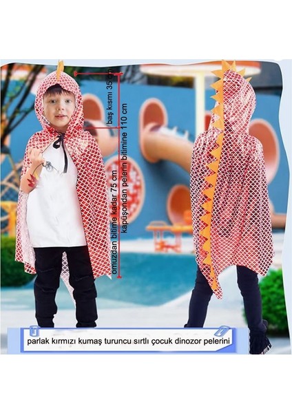 Halloween Kırmızı Renk Varaklı Kapüşonlu 75 cm Çocuk Dinozor Pelerini