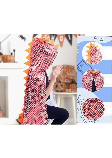 Halloween Kırmızı Renk Varaklı Kapüşonlu 75 cm Çocuk Dinozor Pelerini fiyatları