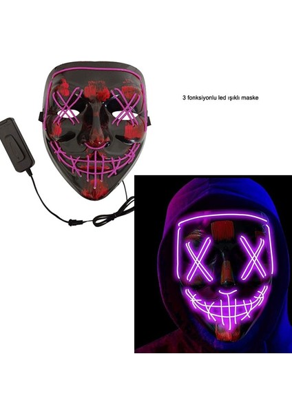 Kumandalı Mor Renk Neon LED Işıklı Maske 1 Adet Hawaretrohallow