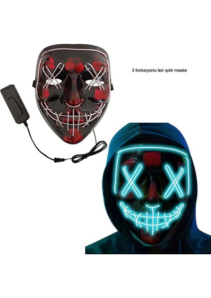 Kumandalı Beyaz Renk Neon LED Işıklı Maske 1 Adet Hawaretrohallow