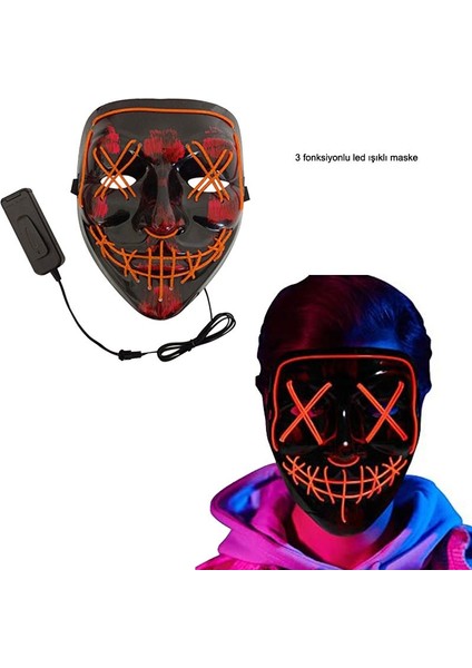 Kumandalı Turuncu Renk Neon LED Işıklı Maske 1 Adet Hawaretrohallow