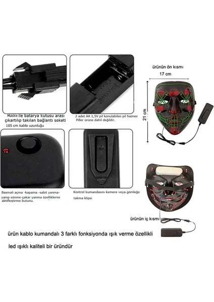 Kumandalı Turuncu Renk Neon LED Işıklı Maske 1 Adet Hawaretrohallow fiyatları