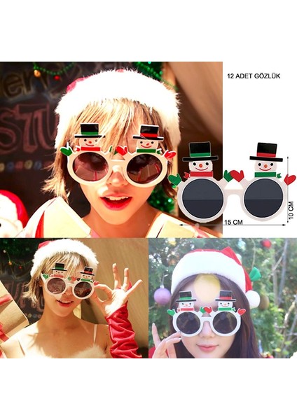 Şapkalı Kardan Adam Şeklinde Camlı Yılbaşı Gözlüğü 12 Adet