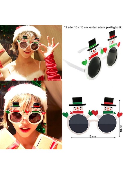 Şapkalı Kardan Adam Şeklinde Camlı Yılbaşı Gözlüğü 12 Adet modelleri