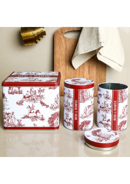 Red&white Seri - 3'lü Set - 2'li Metal Saklama Kabı, Köşeli Metal Kutu