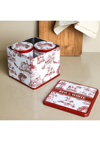 Red&white Seri - 3'lü Set - 2'li Metal Saklama Kabı, Köşeli Metal Kutu