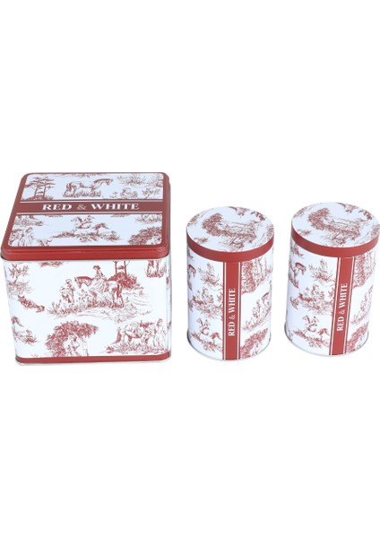 Red&white Seri - 3'lü Set - 2'li Metal Saklama Kabı, Köşeli Metal Kutu