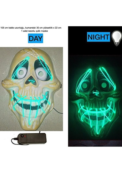 Kumandalı Neon LED Işıklı Gülen Kurukafa Maskesi Yeşil Renk Hawaretrohallow