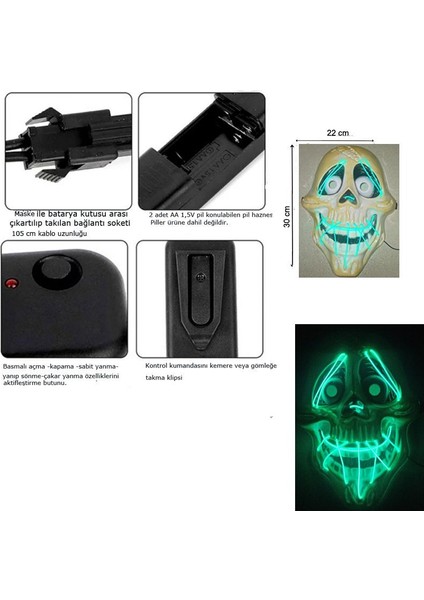 Kumandalı Neon LED Işıklı Gülen Kurukafa Maskesi Yeşil Renk Hawaretrohallow fiyatları