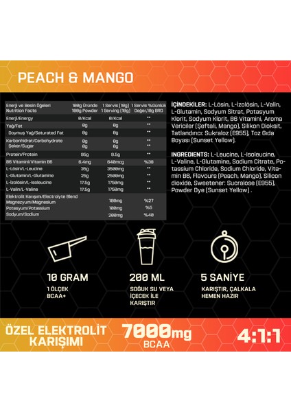 Bcaa+ Electrolytes 500G (50 Servis) Mango & Şeftali Aromalı