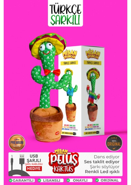 Türkçe ve Yabancı Müzikli Dans Eden Kaktüs Konuşan Taklitçi, Sarjlı, Peluş Oyuncak Mor Giysili