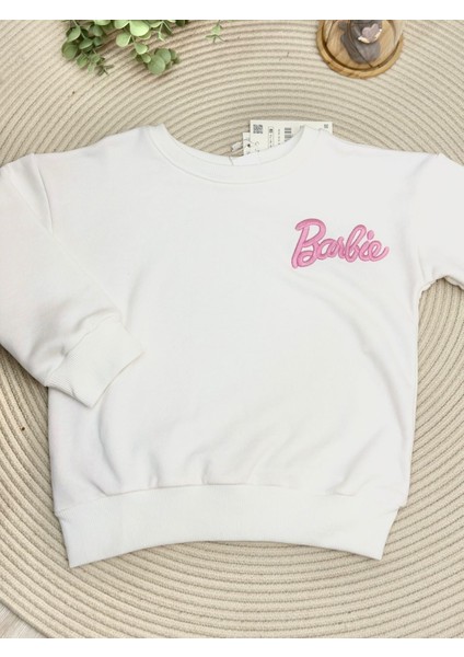 Oversize Barbie Nakışlı Beyaz Rengi Sweat