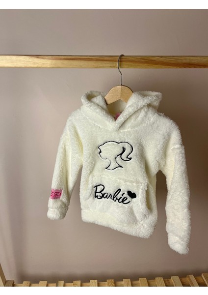 Barbie Nakışlı Kapişonlu Beyaz Rengi Peluş Sweat