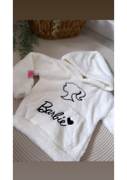 Barbie Nakışlı Kapişonlu Beyaz Rengi Peluş Sweat