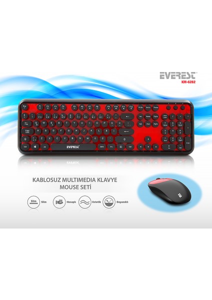 Round KM-6282 Kırmızı/Siyah Kablosuz Q Multimedia Klavye + Mouse Set
