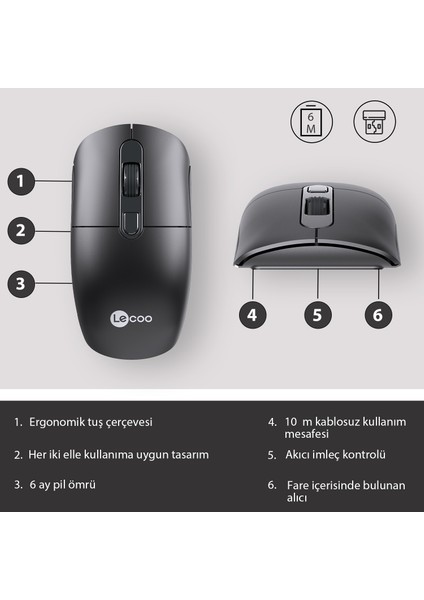 Lenovo Lecoo M2001 Kablosuz 1600DPI 4 Tuşlu Evrensel Uyumlu Optik Mouse Siyah