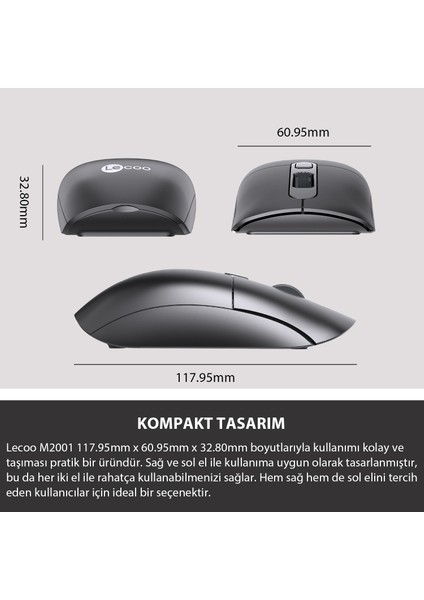 Lenovo Lecoo M2001 Kablosuz 1600DPI 4 Tuşlu Evrensel Uyumlu Optik Mouse Siyah