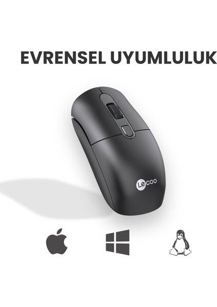 Lenovo Lecoo M2001 Kablosuz 1600DPI 4 Tuşlu Evrensel Uyumlu Optik Mouse Siyah