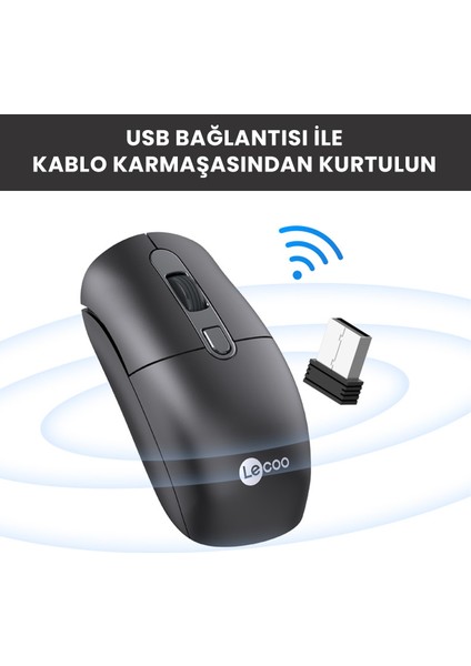 Lenovo Lecoo M2001 Kablosuz 1600DPI 4 Tuşlu Evrensel Uyumlu Optik Mouse Siyah