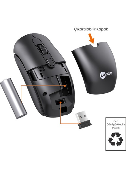 Lenovo Lecoo M2001 Kablosuz 1600DPI 4 Tuşlu Evrensel Uyumlu Optik Mouse Siyah