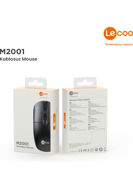 Lenovo Lecoo M2001 Kablosuz 1600DPI 4 Tuşlu Evrensel Uyumlu Optik Mouse Siyah