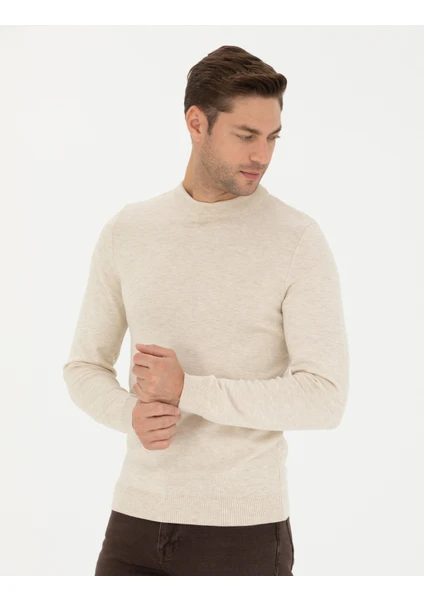 Pierre Cardin Erkek Krem Melanj Slim Fit Yarım Balıkçı Yaka Basic Triko Kazak 50276158-VR159