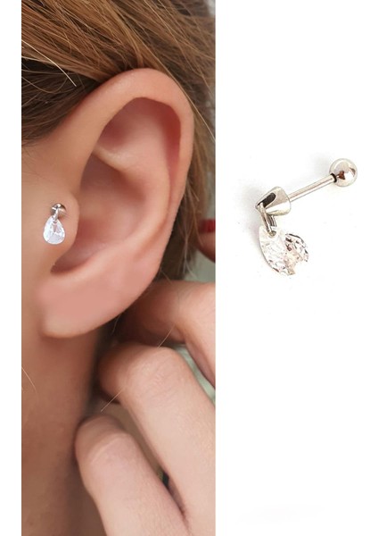 Pırlanta Parlaklığında Zirkon Taşlı 925AYAR Gümüş Tragus Helix Piercing