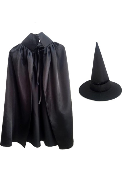 Hallowen Cadılar Bayramı Siyah Çocuk Cadı Şapkası ve Pelerin (90 cm ) Set 9-14 Yaş