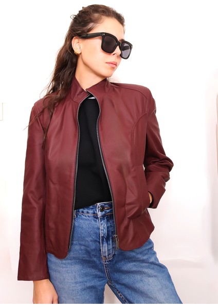 Kadın Bordo Fermuarlı Hakiki Deri Ceket fiyatları