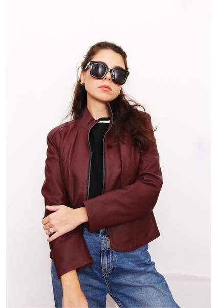 Kadın Bordo Fermuarlı Hakiki Deri Ceket fırsatları