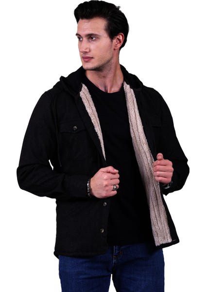 Antrasit Gri Tek Renk Düz Sade Kapüşonlu Içi Yün Kürklü Kışlık Oduncu Ceket Gömlek