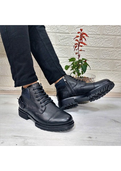 4201 Siyah Deri Bağacaklı Fermuarlı Fuspetli Erkek Bot fiyatları