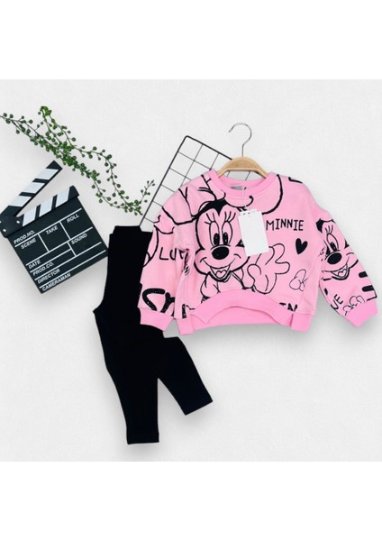 Kız Çocuk Şeker Pembe Şardonlu Minnie Baskı Detaylı Siyah Renk Taytlı Alt Üst Takım fiyatları