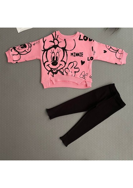 Kız Çocuk Şeker Pembe Şardonlu Minnie Baskı Detaylı Siyah Renk Taytlı Alt Üst Takım modelleri