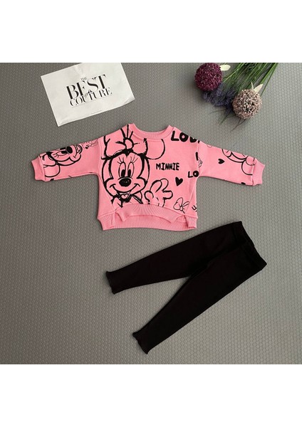 Kız Çocuk Şeker Pembe Şardonlu Minnie Baskı Detaylı Siyah Renk Taytlı Alt Üst Takım indirimleri
