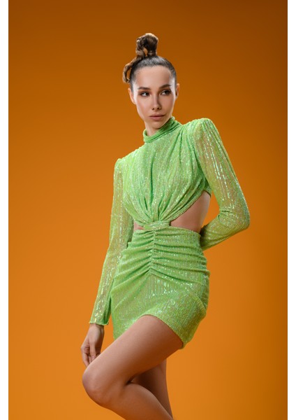 Yeşil Payetli Cut Out Detaylı Payetli Mini Elbise