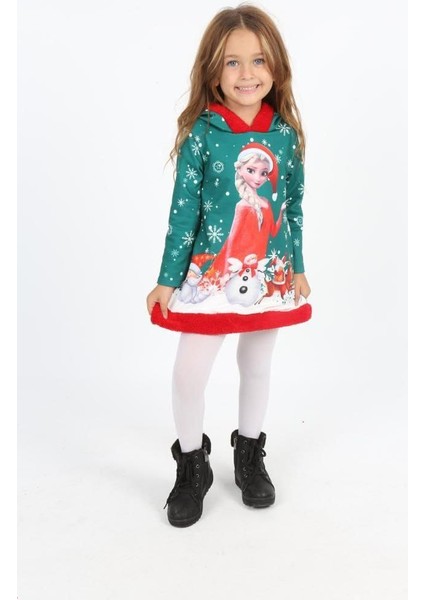 Çocuk Şardonlu Yılbaşı Noel Baskılı Kapüşonlu Peluş Detay Mini Elbise