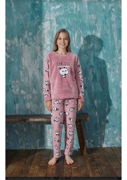 Lolli Boom Kids  Wellsoft Polar Sevimli Panda Nakış - Baskı Detayı Pembe Renk Ev Giyim Pijama Takımı