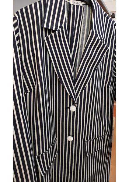 Kadın Boyuna Çizgili Beyaz Düğmeli Kot Blazer Ceket fiyatları