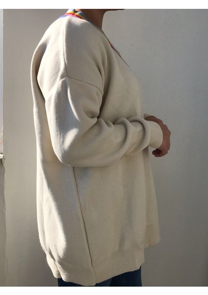 Kadın V Yaka Krem Rengi Kazak Tunik fiyatları